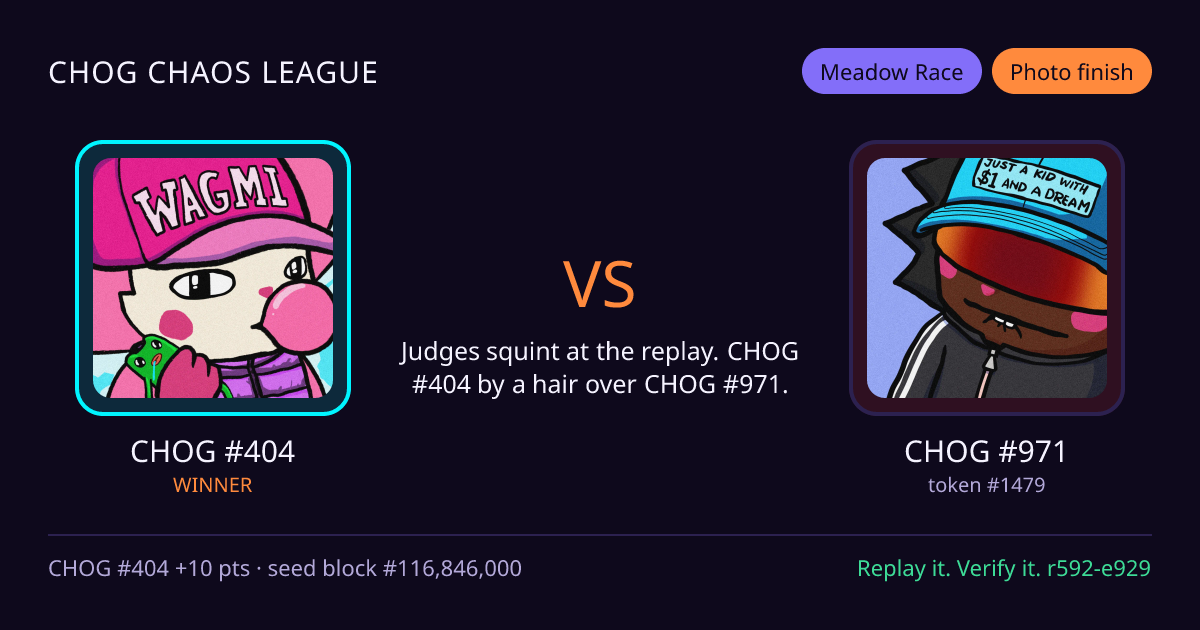 Highlight card: CHOG #404 versus CHOG #971