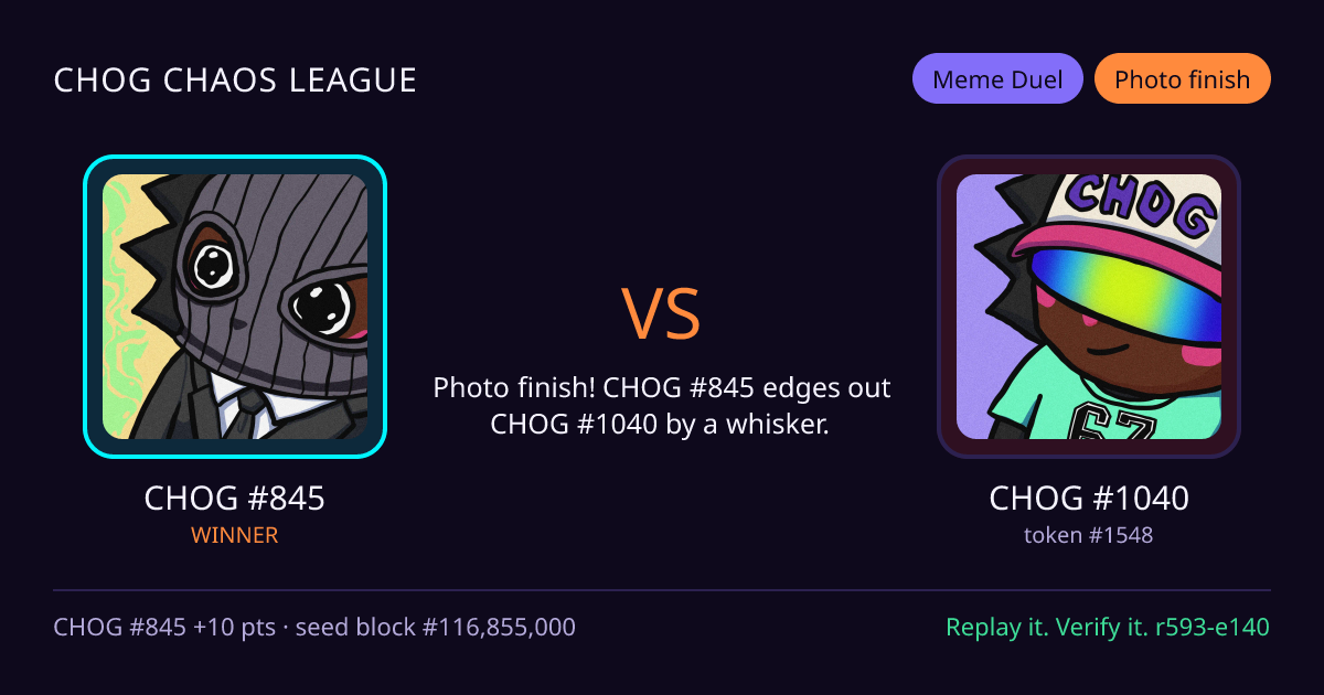 Highlight card: CHOG #845 versus CHOG #1040