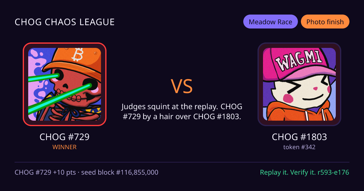 Highlight card: CHOG #729 versus CHOG #1803