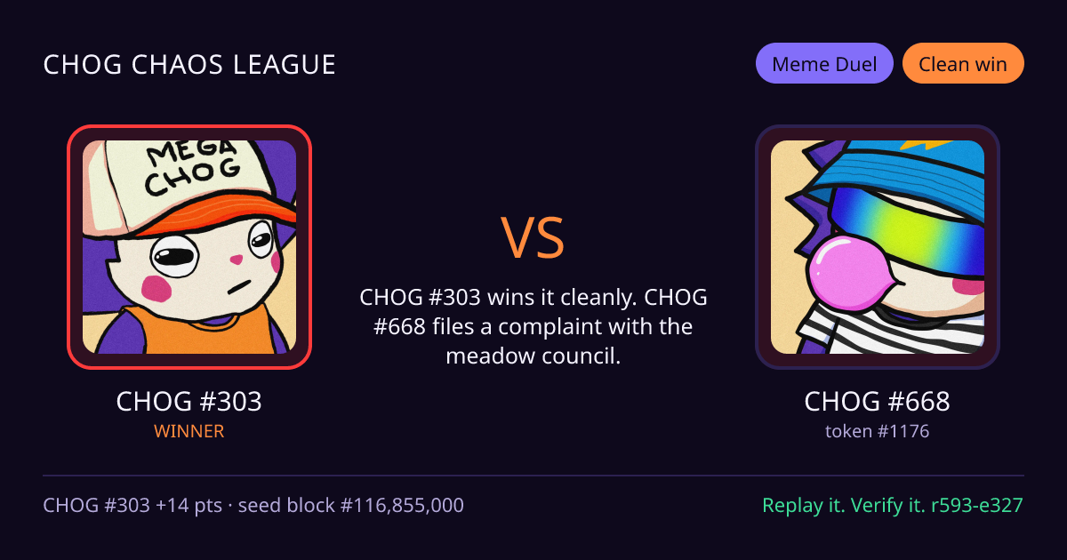 Highlight card: CHOG #303 versus CHOG #668