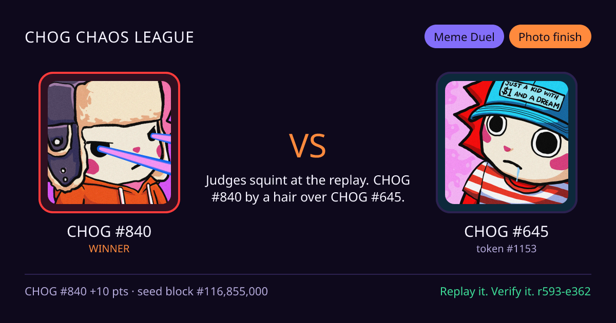 Highlight card: CHOG #840 versus CHOG #645