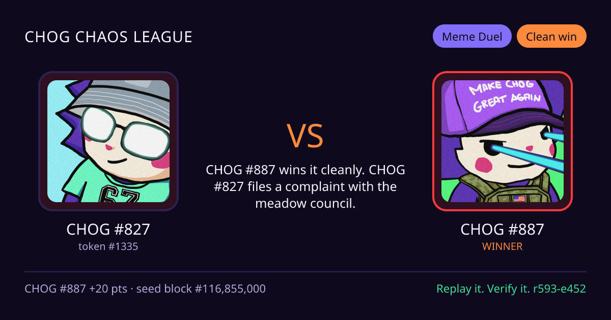 Highlight card: CHOG #827 versus CHOG #887
