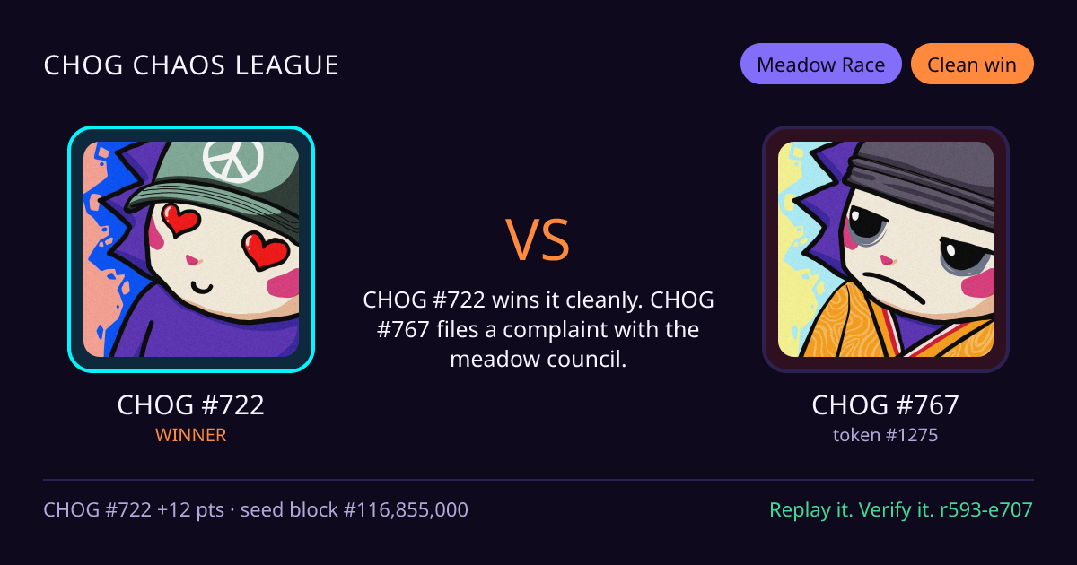 Highlight card: CHOG #722 versus CHOG #767