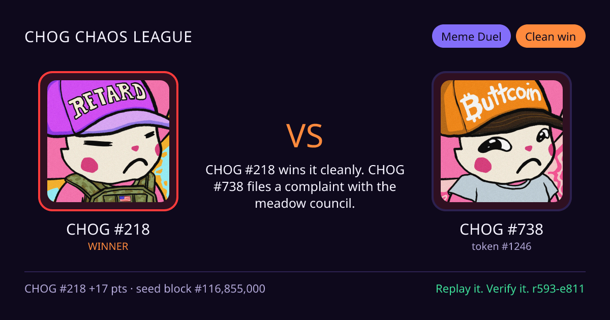 Highlight card: CHOG #218 versus CHOG #738