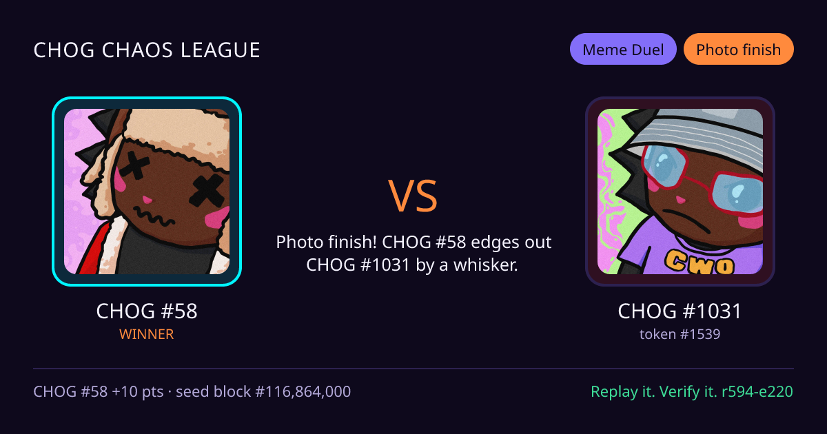 Highlight card: CHOG #58 versus CHOG #1031