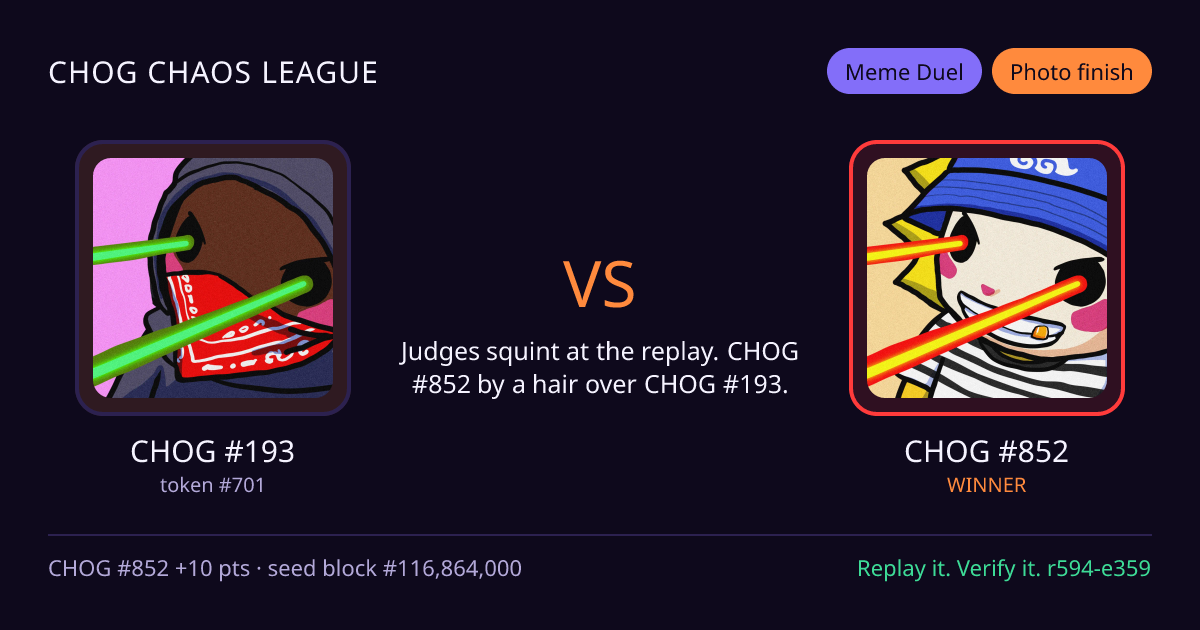 Highlight card: CHOG #193 versus CHOG #852
