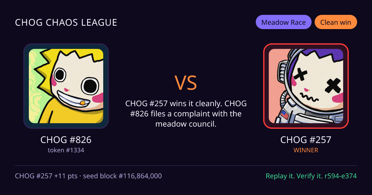 Highlight card: CHOG #826 versus CHOG #257