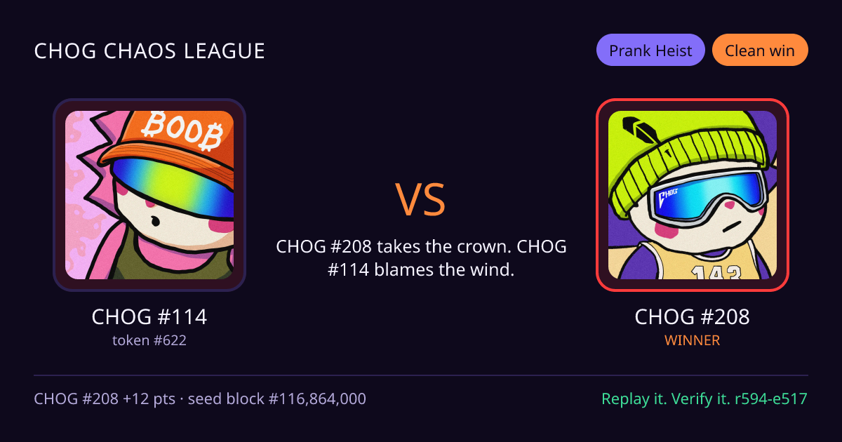 Highlight card: CHOG #114 versus CHOG #208