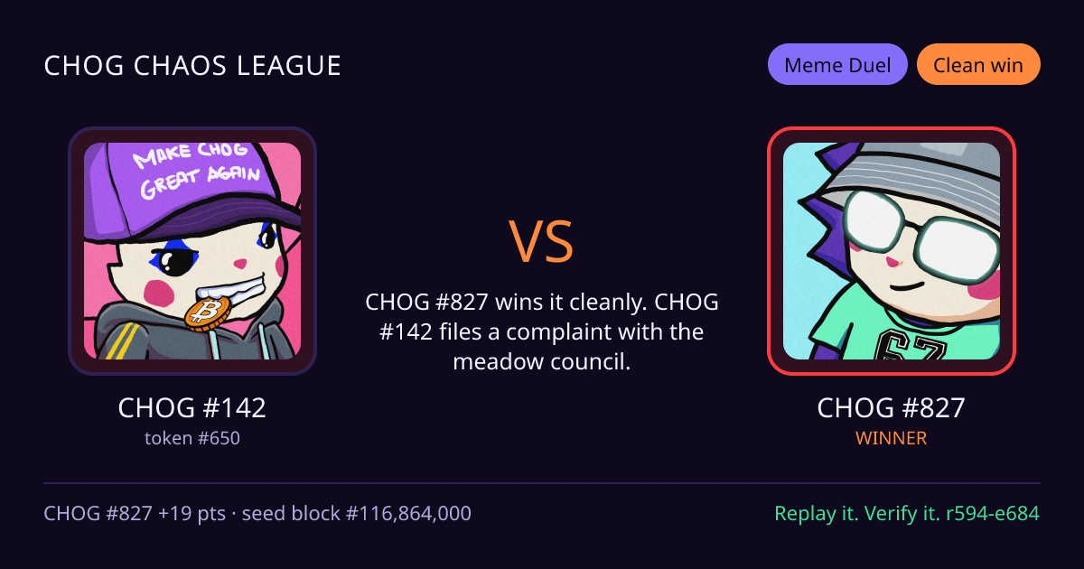 Highlight card: CHOG #142 versus CHOG #827