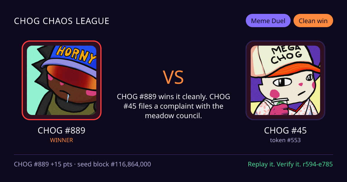 Highlight card: CHOG #889 versus CHOG #45