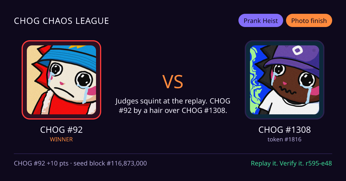 Highlight card: CHOG #92 versus CHOG #1308
