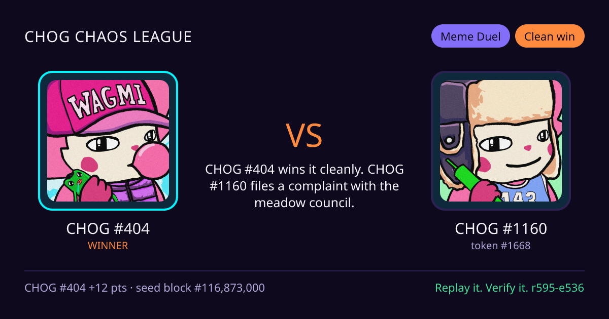 Highlight card: CHOG #404 versus CHOG #1160