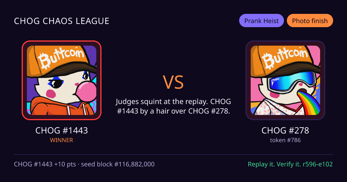 Highlight card: CHOG #1443 versus CHOG #278