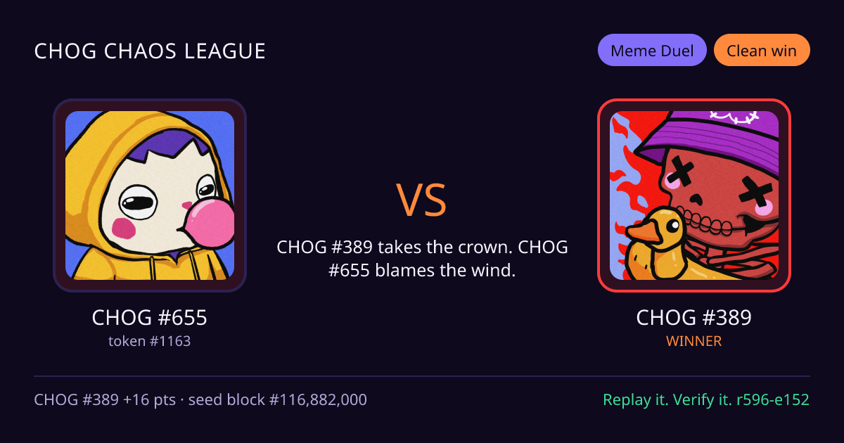 Highlight card: CHOG #655 versus CHOG #389