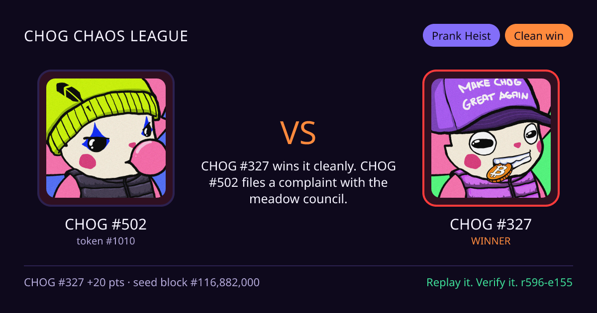 Highlight card: CHOG #502 versus CHOG #327