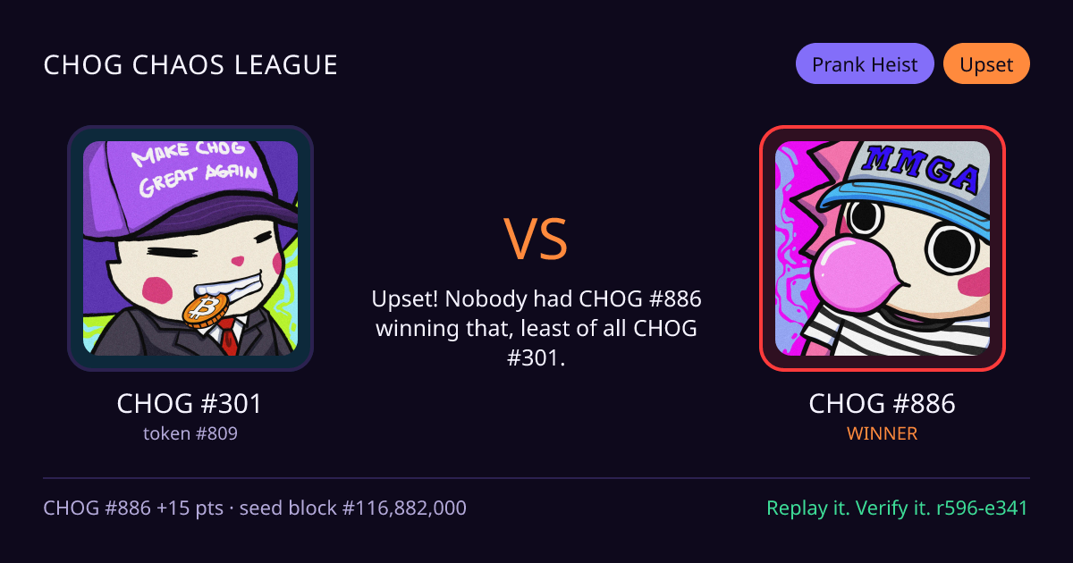 Highlight card: CHOG #301 versus CHOG #886