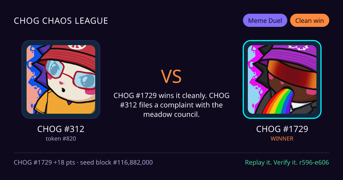 Highlight card: CHOG #312 versus CHOG #1729