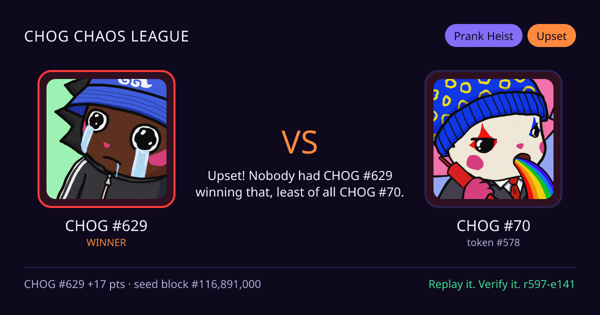 Highlight card: CHOG #629 versus CHOG #70