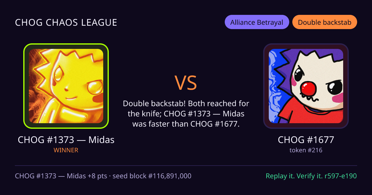 Highlight card: CHOG #1373 — Midas versus CHOG #1677
