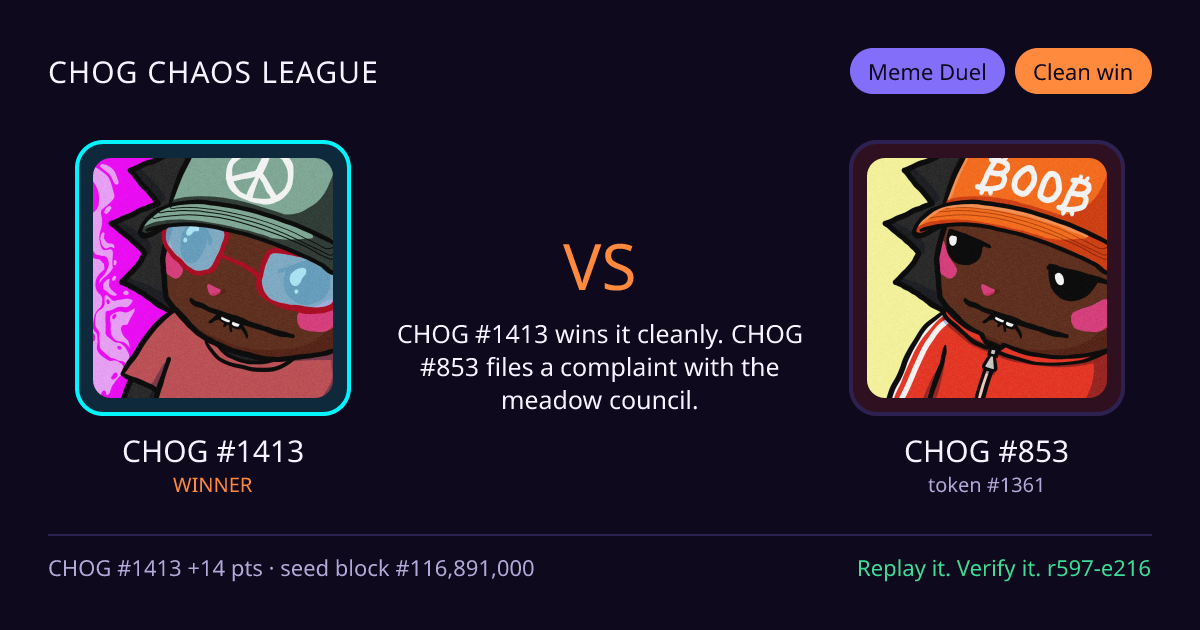 Highlight card: CHOG #1413 versus CHOG #853