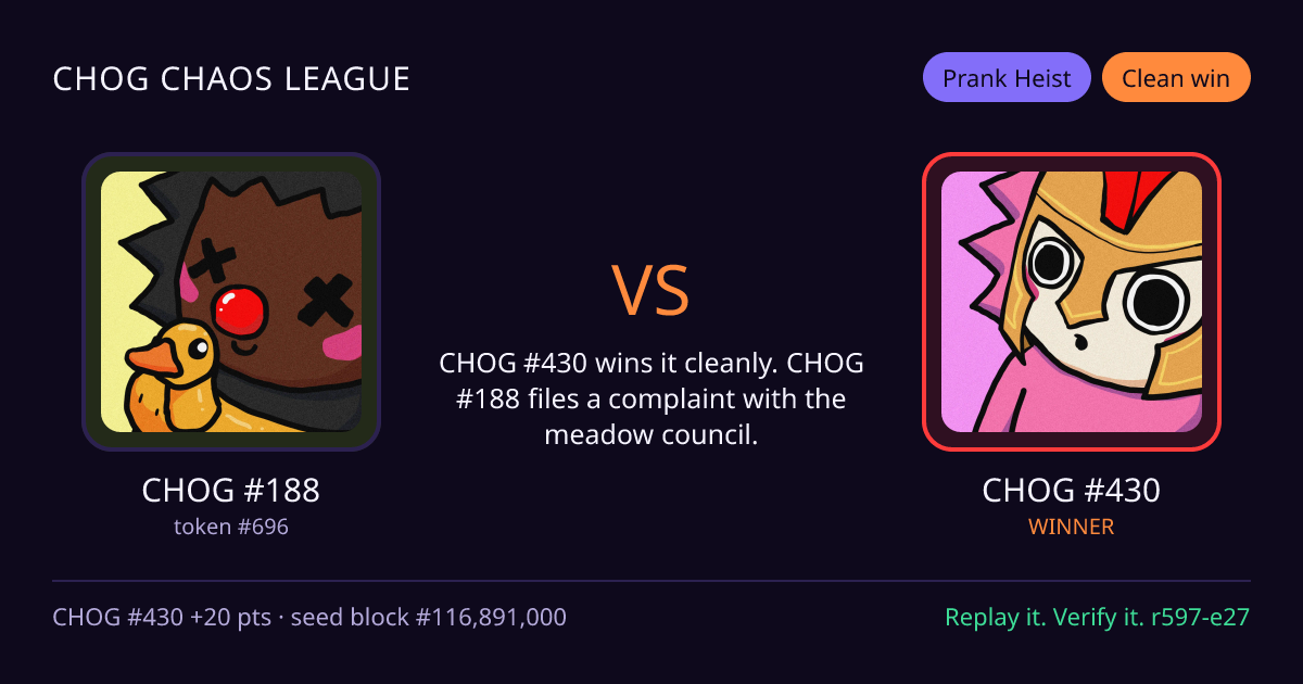 Highlight card: CHOG #188 versus CHOG #430