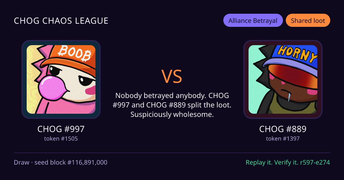 Highlight card: CHOG #997 versus CHOG #889