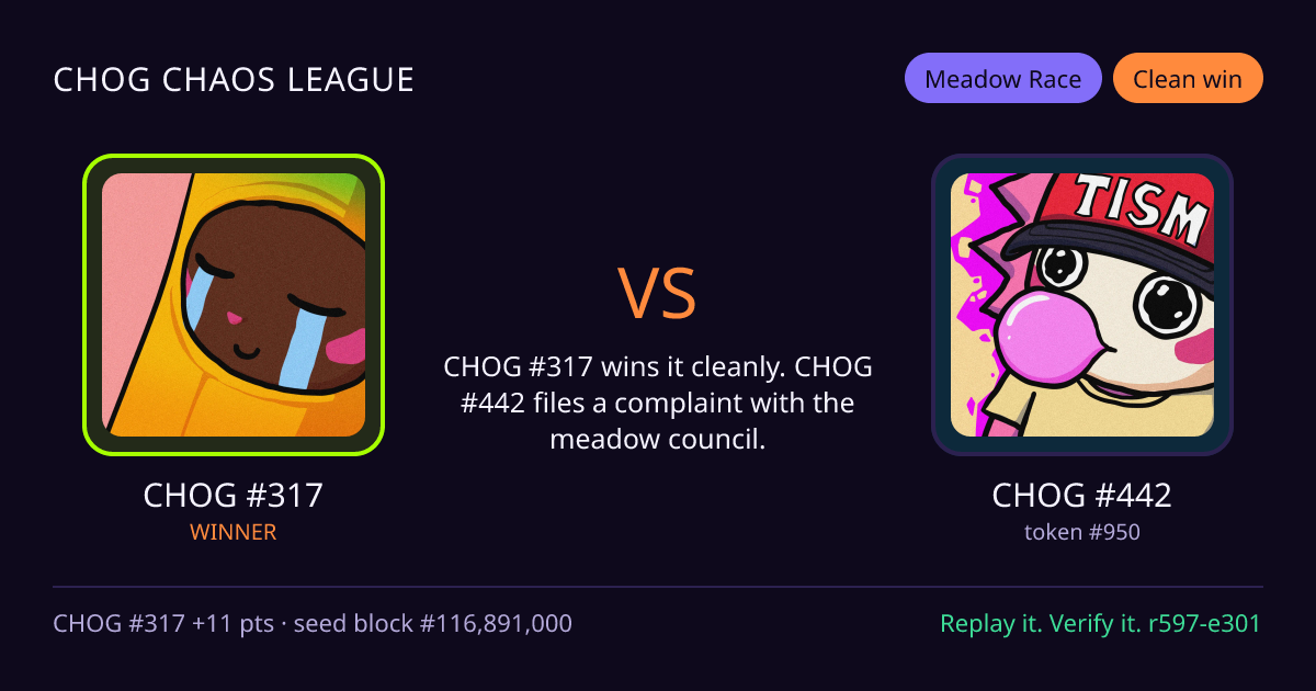 Highlight card: CHOG #317 versus CHOG #442