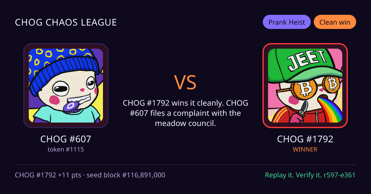 Highlight card: CHOG #607 versus CHOG #1792