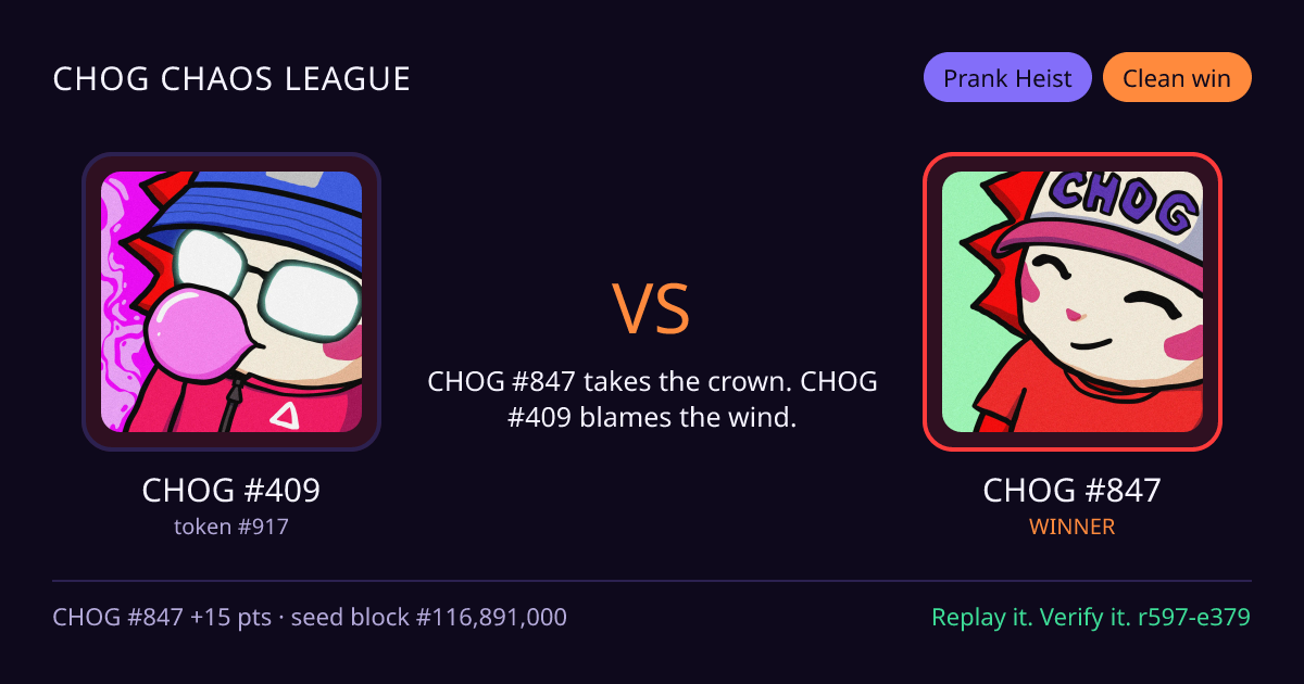 Highlight card: CHOG #409 versus CHOG #847