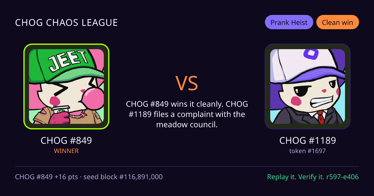 Highlight card: CHOG #849 versus CHOG #1189