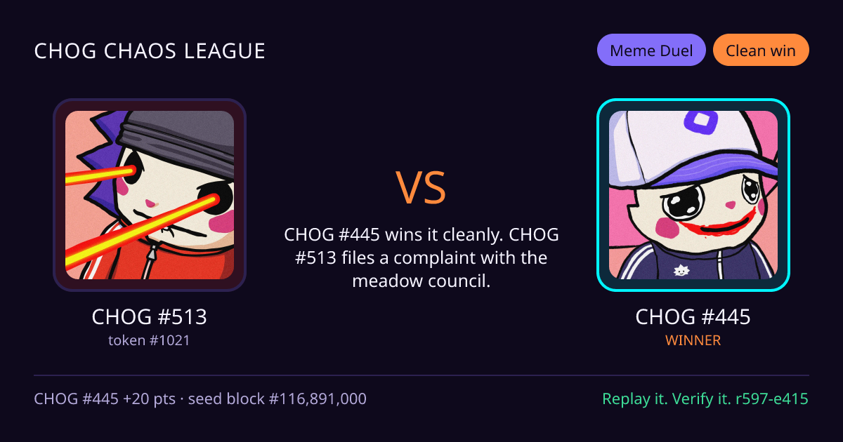 Highlight card: CHOG #513 versus CHOG #445
