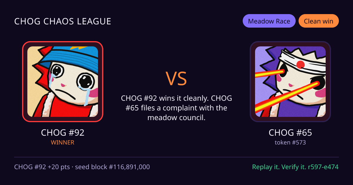 Highlight card: CHOG #92 versus CHOG #65