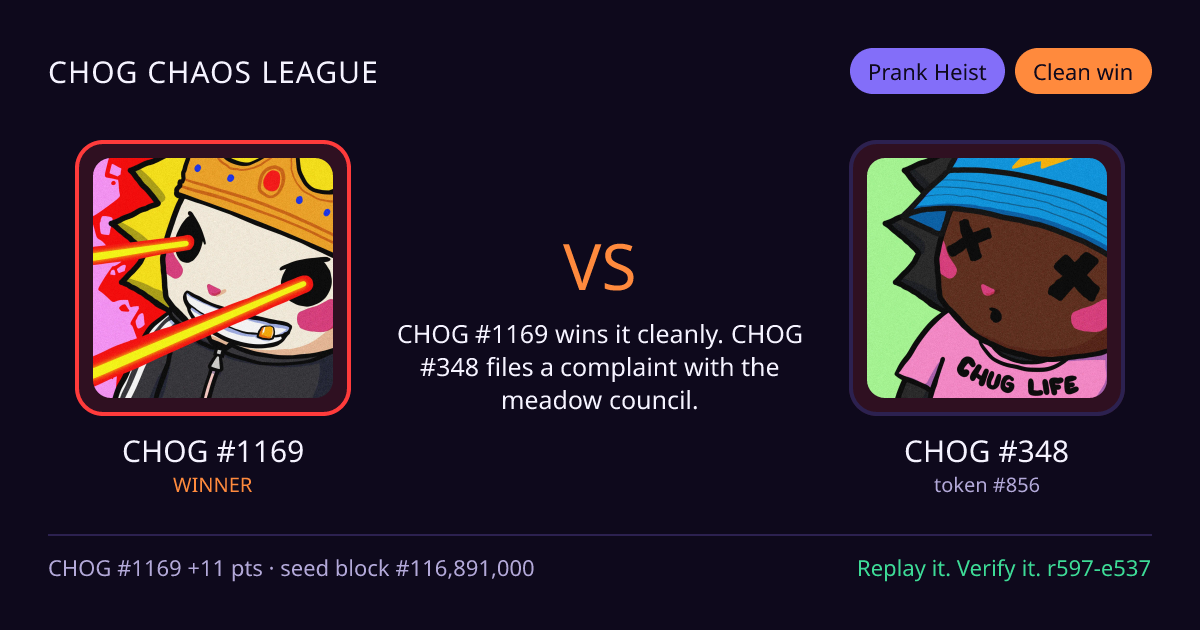 Highlight card: CHOG #1169 versus CHOG #348