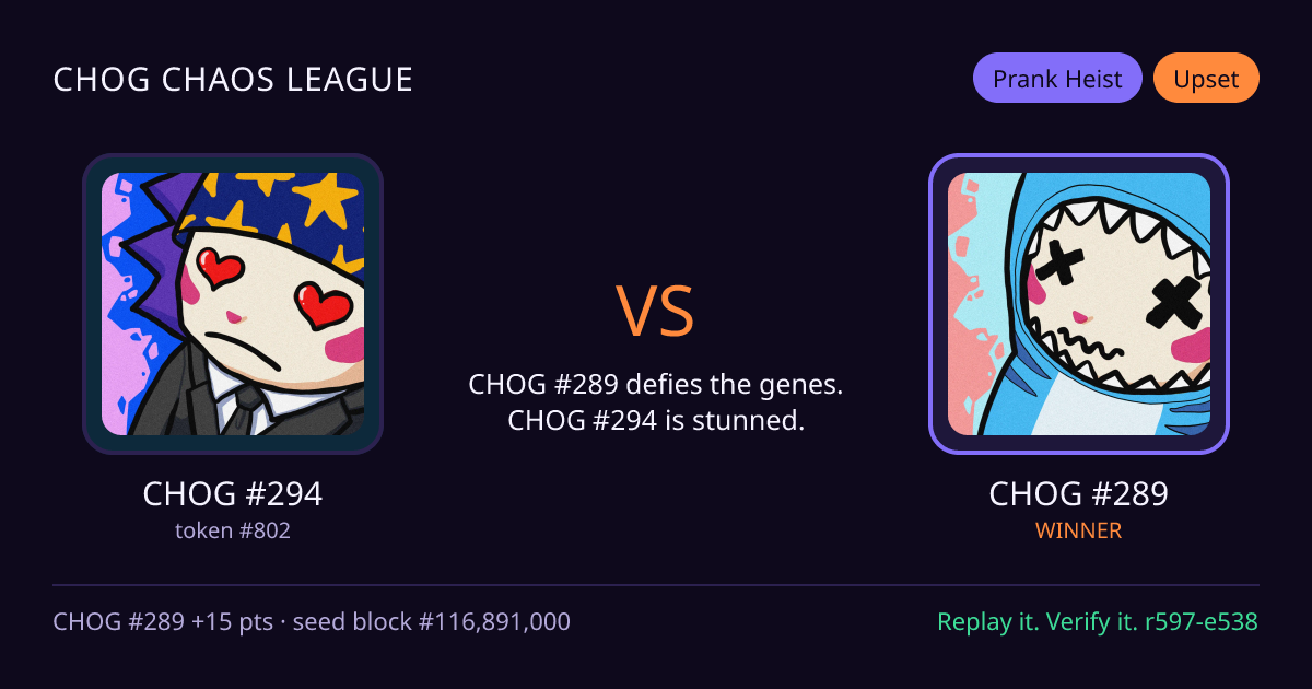 Highlight card: CHOG #294 versus CHOG #289