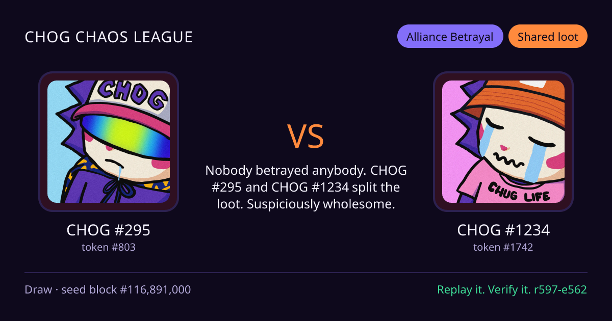Highlight card: CHOG #295 versus CHOG #1234