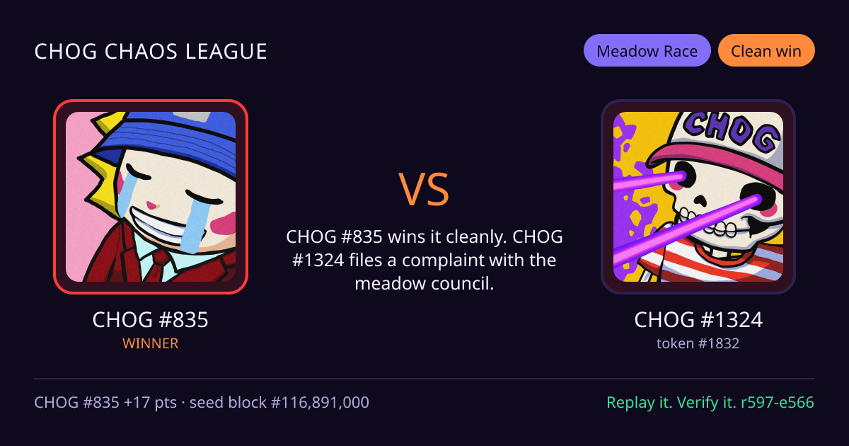 Highlight card: CHOG #835 versus CHOG #1324