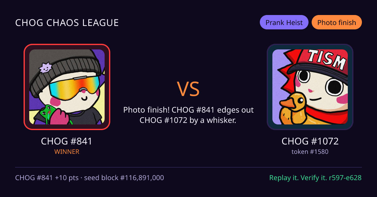 Highlight card: CHOG #841 versus CHOG #1072