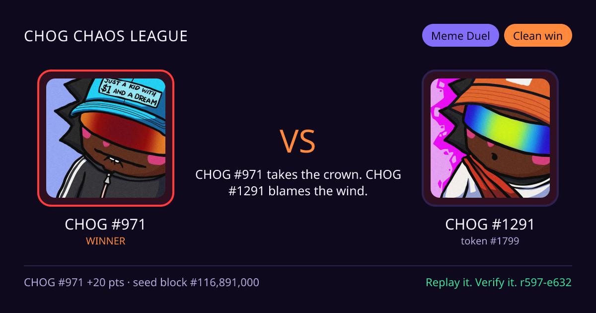 Highlight card: CHOG #971 versus CHOG #1291