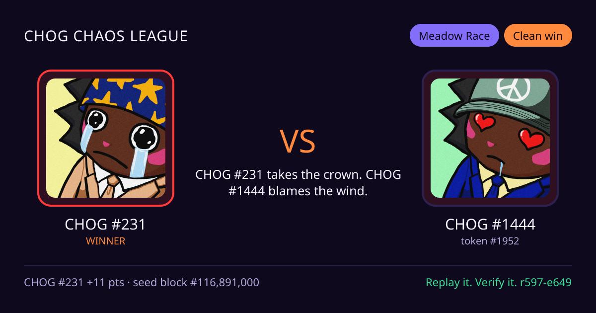 Highlight card: CHOG #231 versus CHOG #1444
