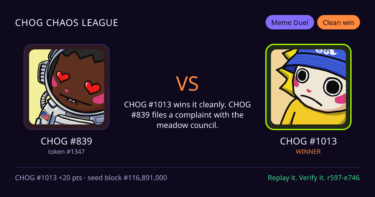 Highlight card: CHOG #839 versus CHOG #1013