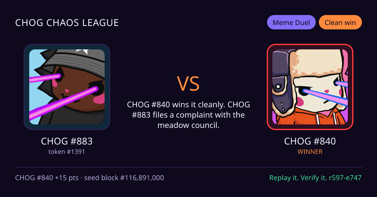 Highlight card: CHOG #883 versus CHOG #840