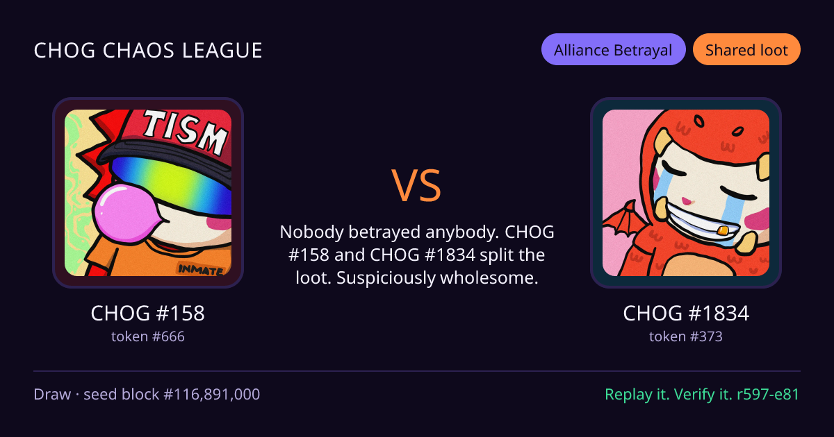Highlight card: CHOG #158 versus CHOG #1834