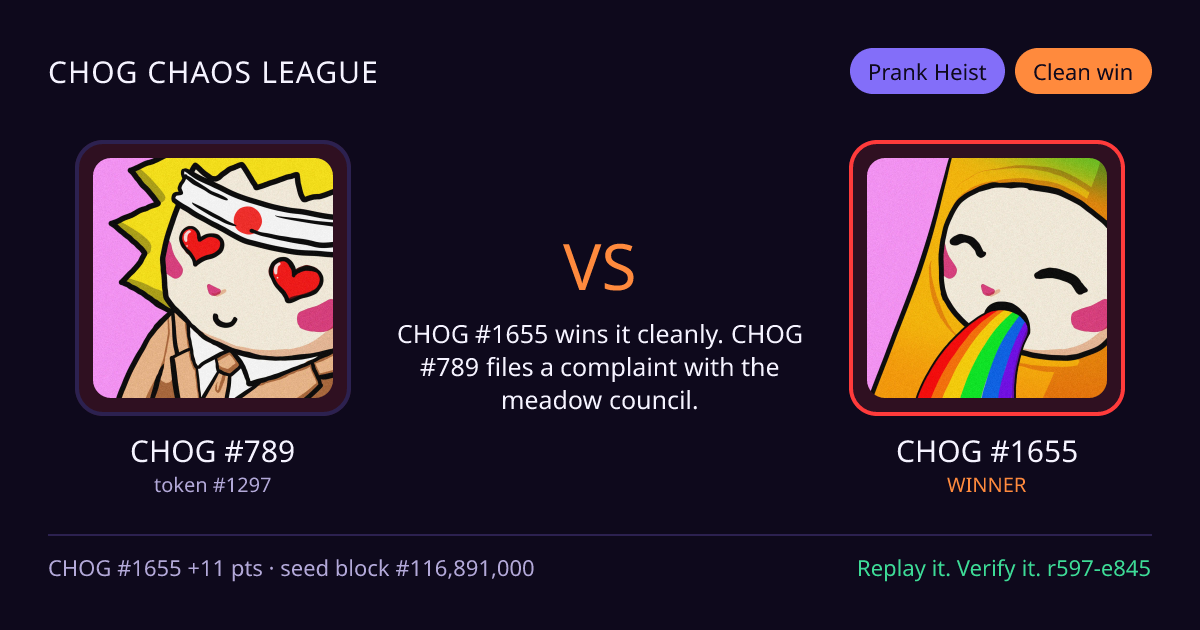 Highlight card: CHOG #789 versus CHOG #1655