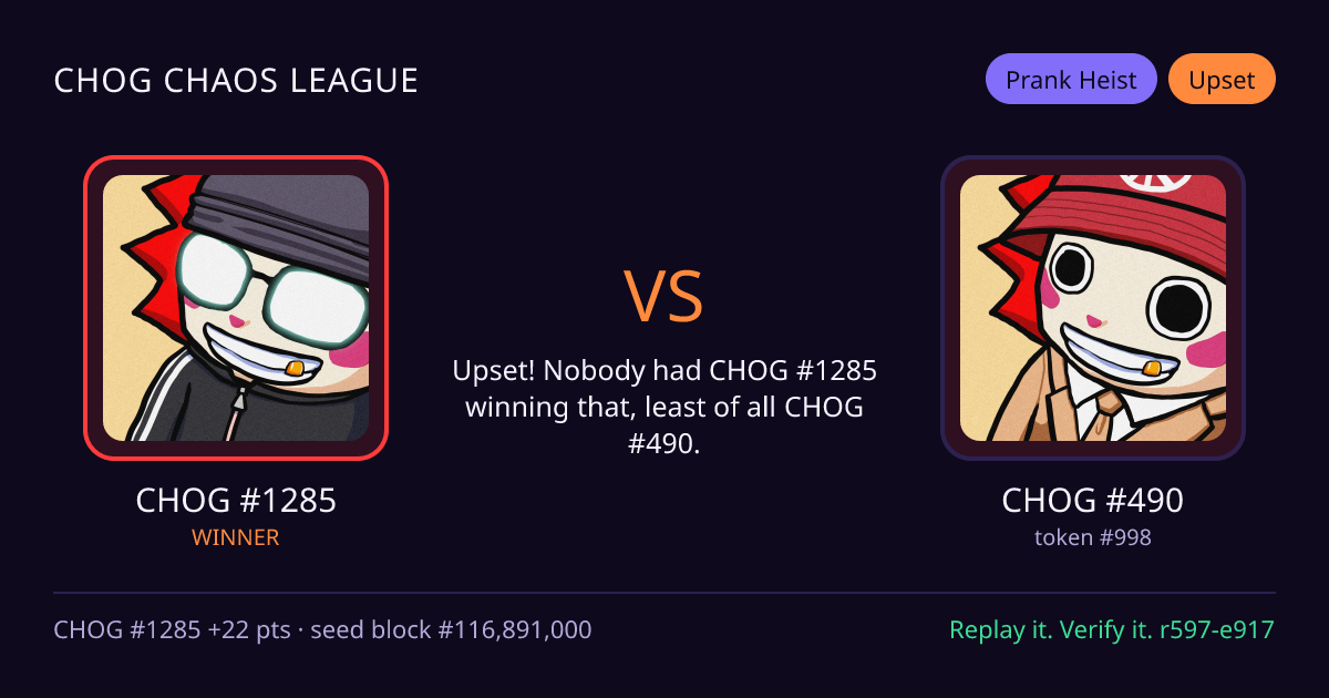 Highlight card: CHOG #1285 versus CHOG #490