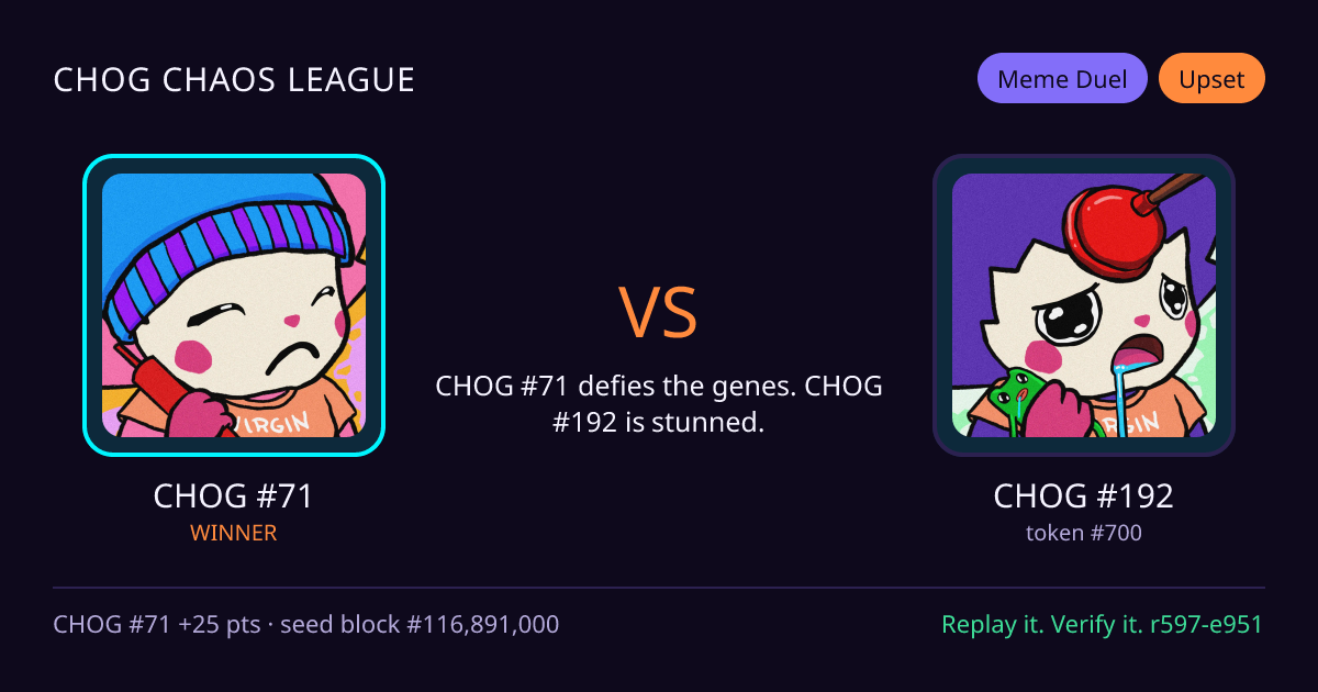 Highlight card: CHOG #71 versus CHOG #192