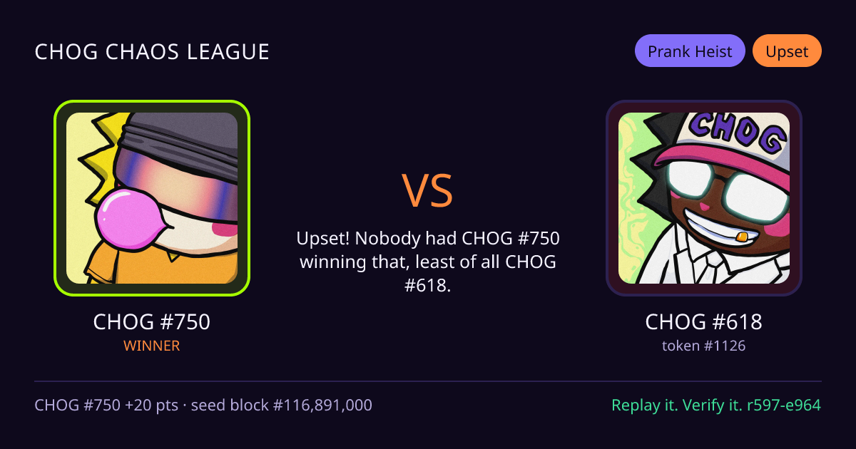 Highlight card: CHOG #750 versus CHOG #618