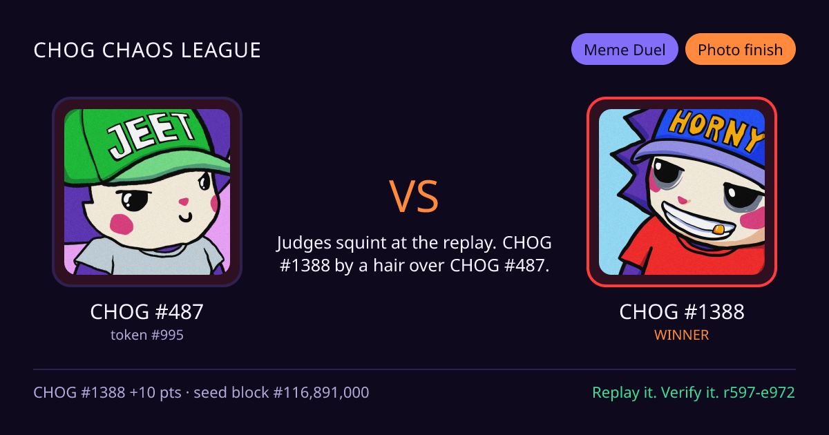 Highlight card: CHOG #487 versus CHOG #1388