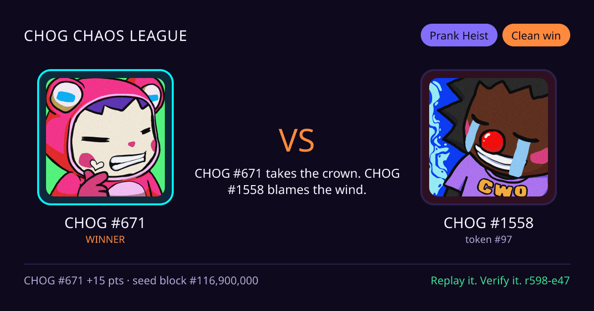 Highlight card: CHOG #671 versus CHOG #1558