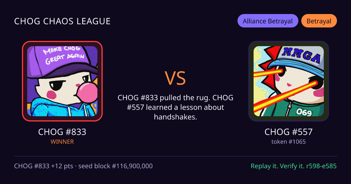 Highlight card: CHOG #833 versus CHOG #557