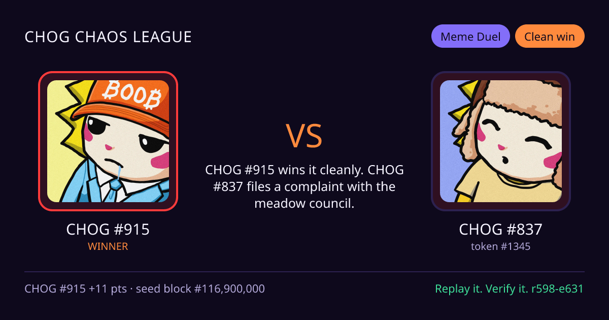 Highlight card: CHOG #915 versus CHOG #837